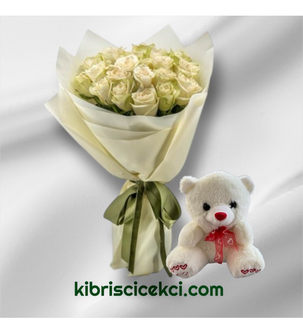 19 Beyaz Gül Buketi Ayıcık